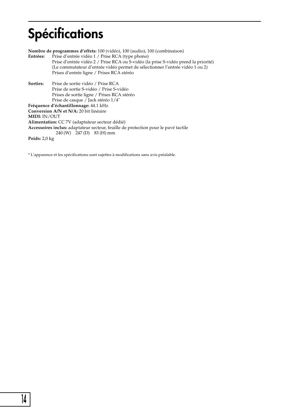 Spécifications | KORG KAOSS PAD Entrancer User Manual | Page 32 / 70