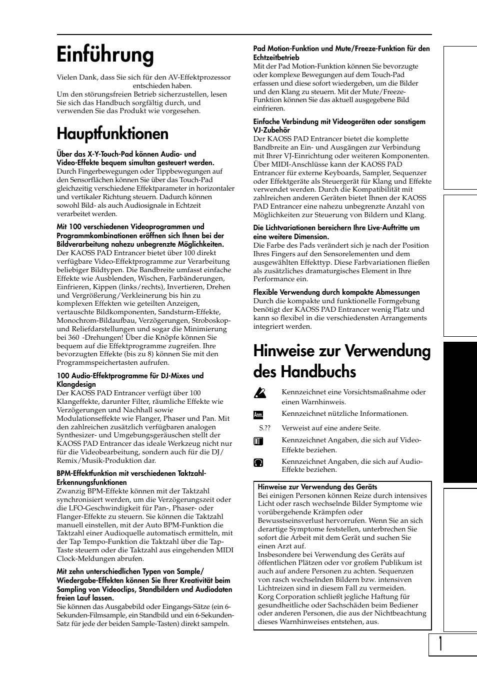 Einführung, Hauptfunktionen, Hinweise zur verwendung des handbuchs | KORG KAOSS PAD Entrancer User Manual | Page 35 / 70