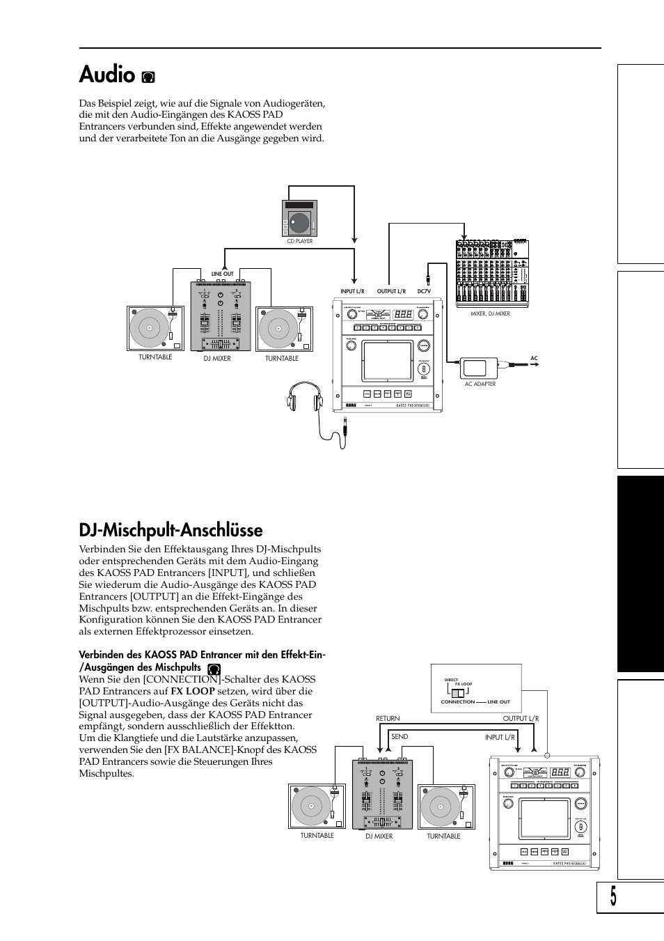 Audio, Dj-mischpult-anschlüsse | KORG KAOSS PAD Entrancer User Manual | Page 39 / 70