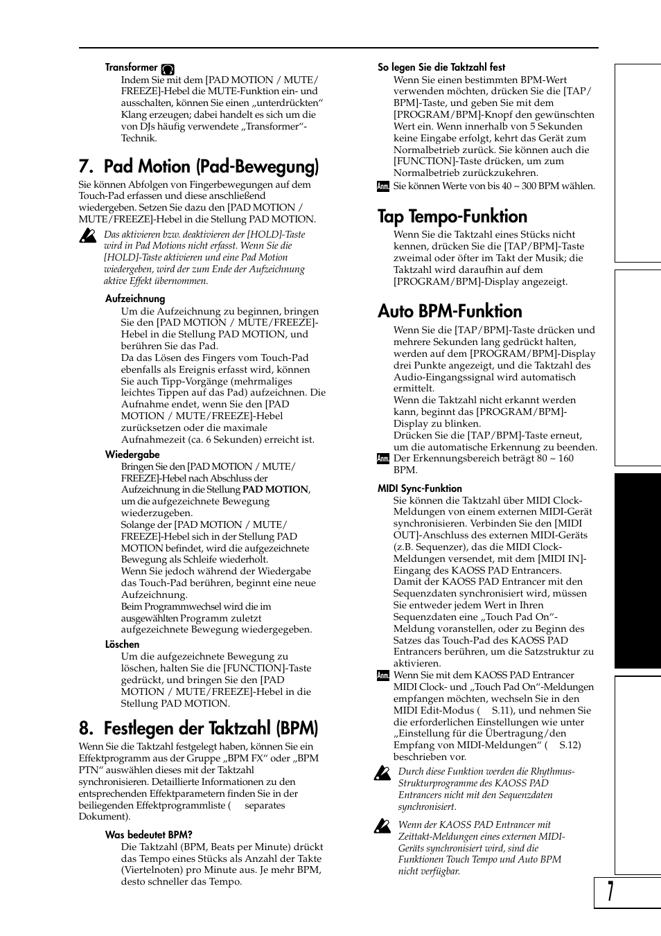 Pad motion (pad-bewegung), Festlegen der taktzahl (bpm), Tap tempo-funktion | Auto bpm-funktion | KORG KAOSS PAD Entrancer User Manual | Page 41 / 70