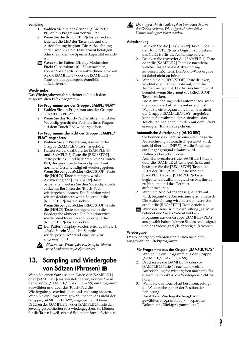 Sampling und wiedergabe von sätzen (phrasen) | KORG KAOSS PAD Entrancer User Manual | Page 43 / 70