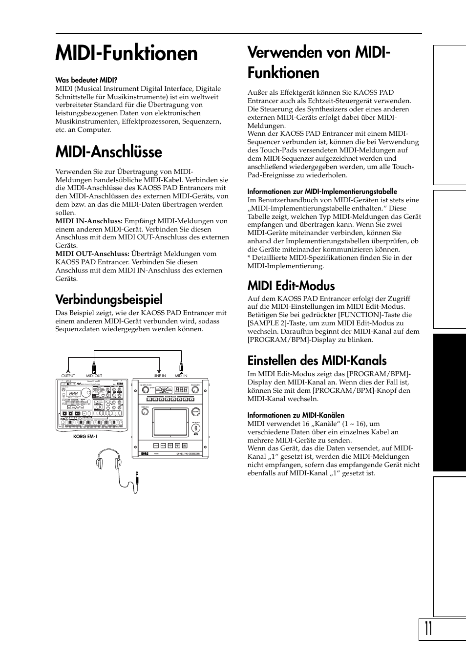 Midi-funktionen, Verwenden von midi- funktionen, Midi-anschlüsse | Midi edit-modus, Einstellen des midi-kanals, Verbindungsbeispiel | KORG KAOSS PAD Entrancer User Manual | Page 45 / 70