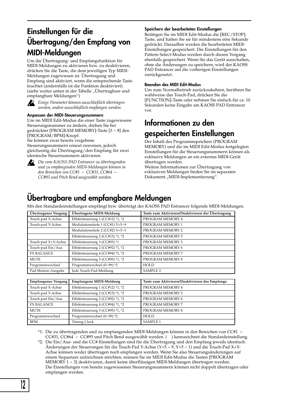 Informationen zu den gespeicherten einstellungen, Übertragbare und empfangbare meldungen | KORG KAOSS PAD Entrancer User Manual | Page 46 / 70