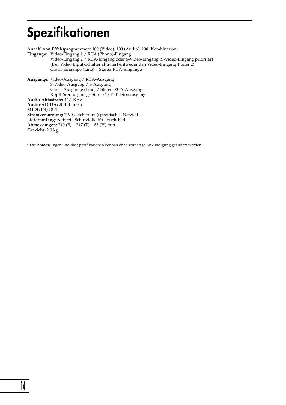 Spezifikationen | KORG KAOSS PAD Entrancer User Manual | Page 48 / 70