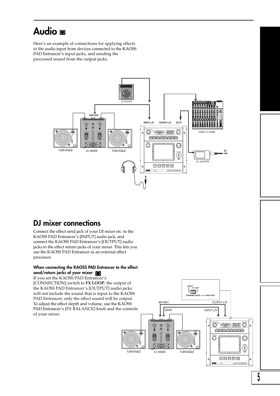 Audio, Dj mixer connections | KORG KAOSS PAD Entrancer User Manual | Page 7 / 70