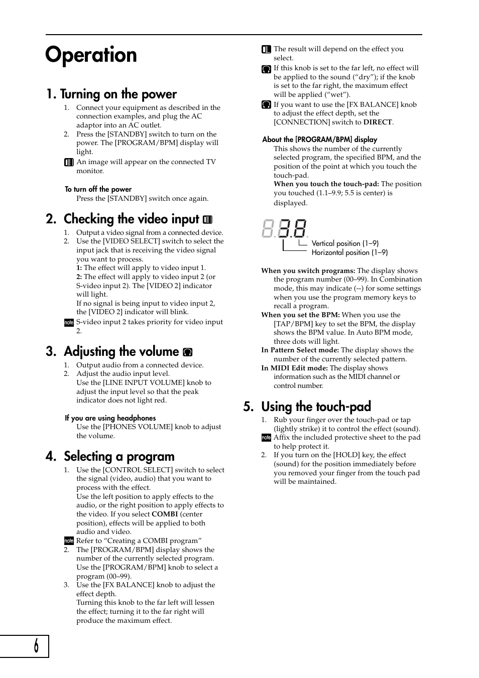 Operation, Turning on the power, Checking the video input | Adjusting the volume, Selecting a program, Using the touch-pad | KORG KAOSS PAD Entrancer User Manual | Page 8 / 70