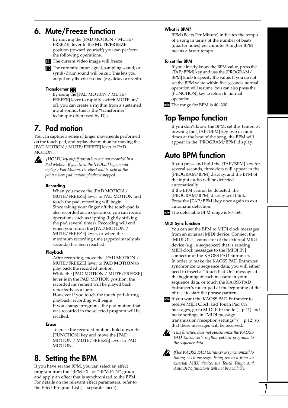 Mute/freeze function, Pad motion, Setting the bpm | Tap tempo function, Auto bpm function | KORG KAOSS PAD Entrancer User Manual | Page 9 / 70