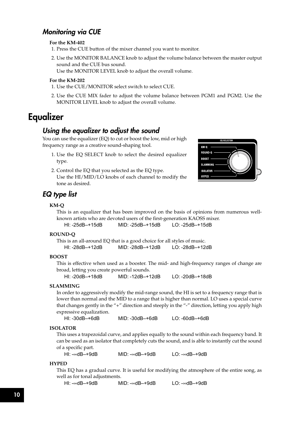 Equalizer, Monitoring via cue, Using the equalizer to adjust the sound | Eq type list | KORG KM-202 User Manual | Page 10 / 46