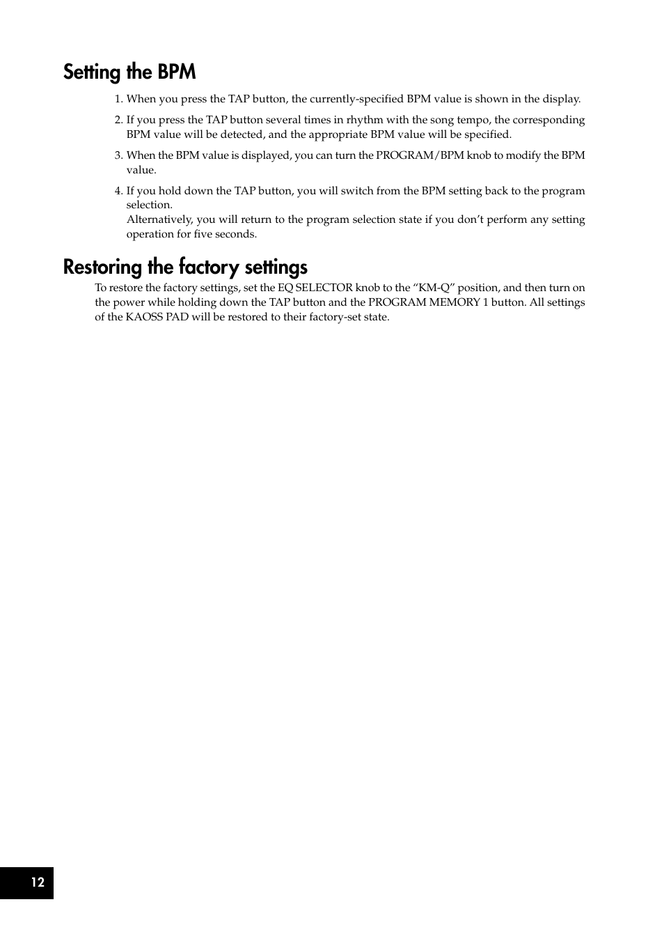 Setting the bpm, Restoring the factory settings, Setting the bpm restoring the factory settings | KORG KM-202 User Manual | Page 12 / 46