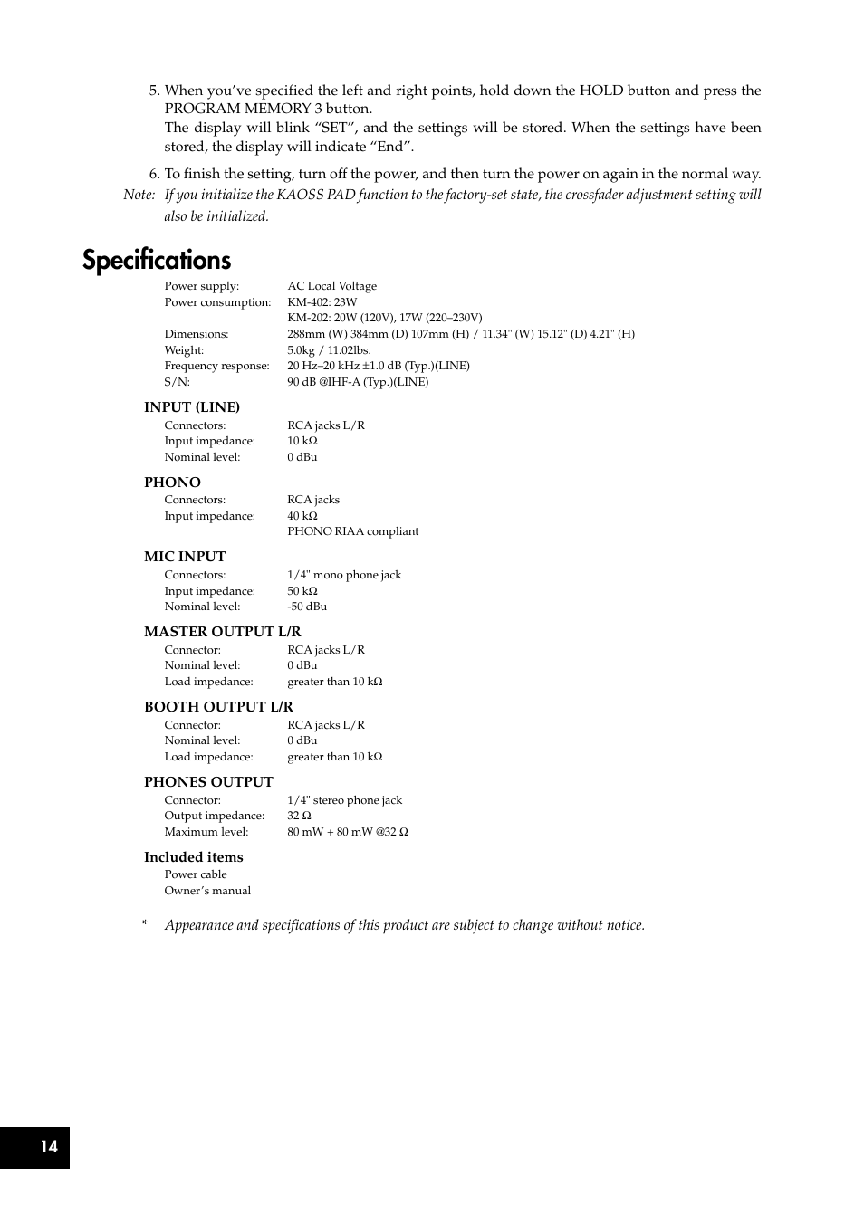 Specifications | KORG KM-202 User Manual | Page 14 / 46