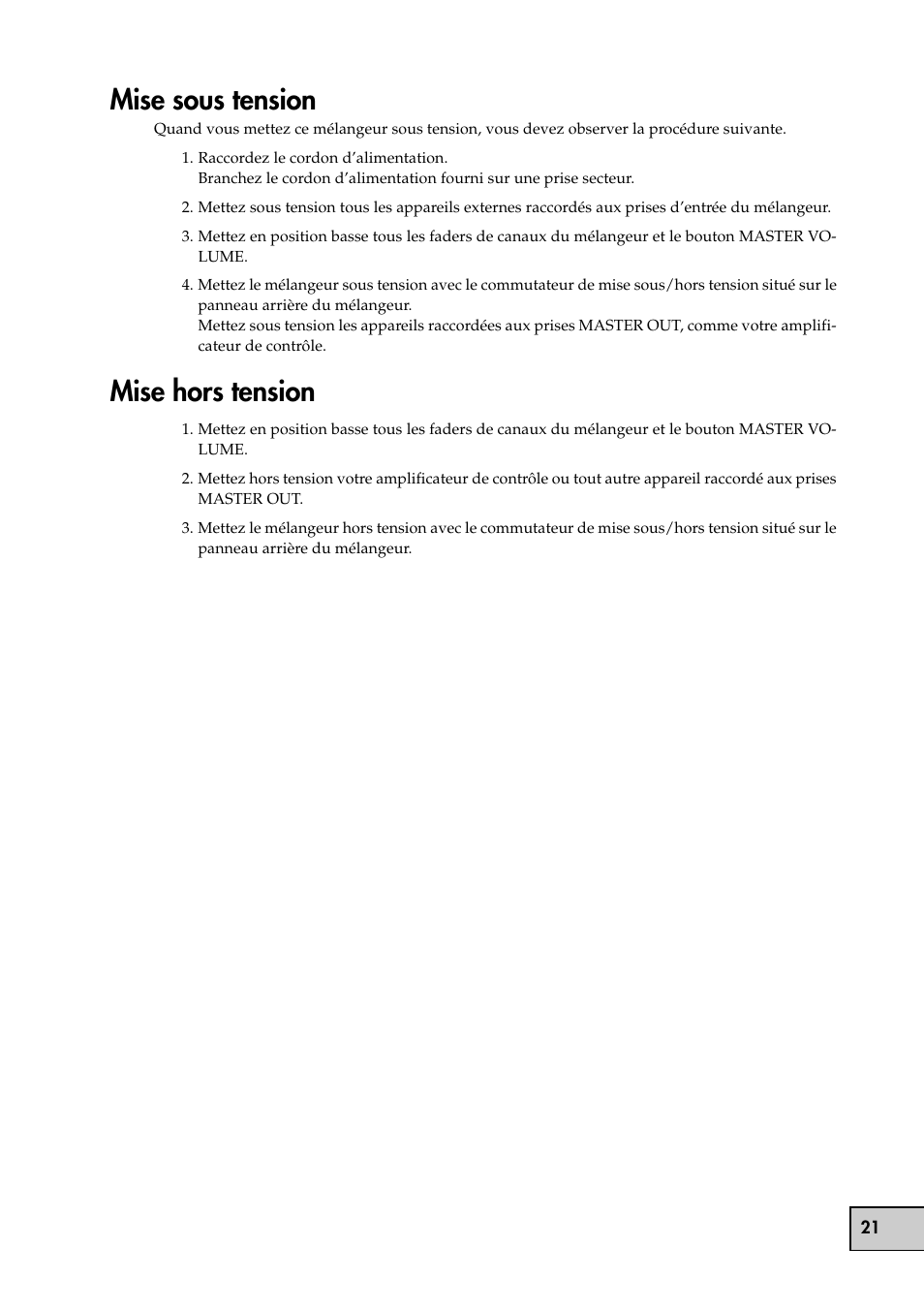 Mise sous tension, Mise hors tension, Mise sous tension mise hors tension | KORG KM-202 User Manual | Page 21 / 46