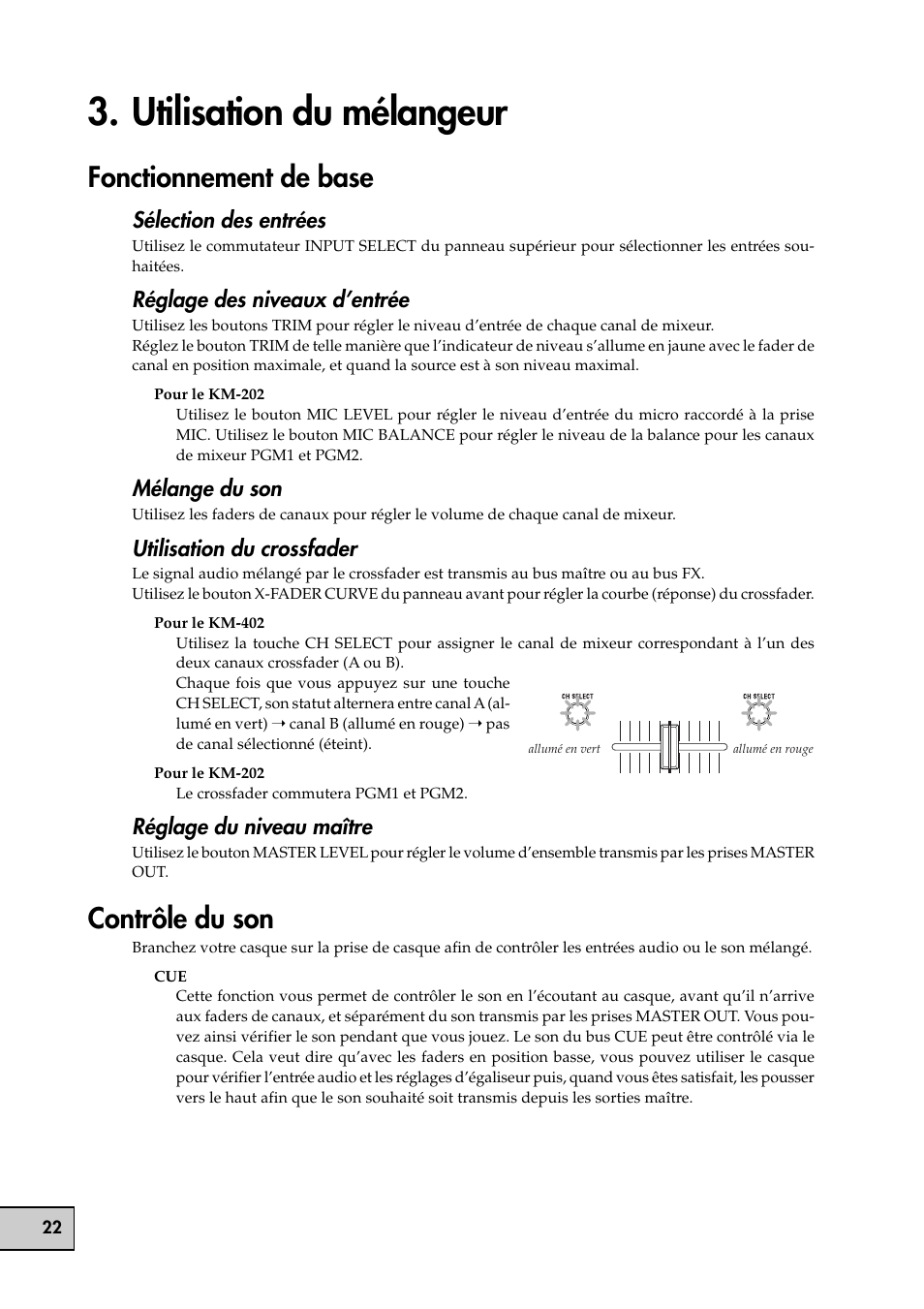 Utilisation du mélangeur, Fonctionnement de base, Contrôle du son | Fonctionnement de base contrôle du son | KORG KM-202 User Manual | Page 22 / 46