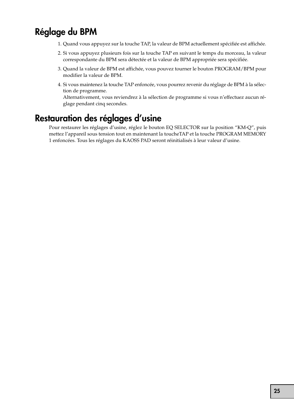 Réglage du bpm, Restauration des réglages d’usine, Réglage du bpm restauration des réglages d’usine | KORG KM-202 User Manual | Page 25 / 46