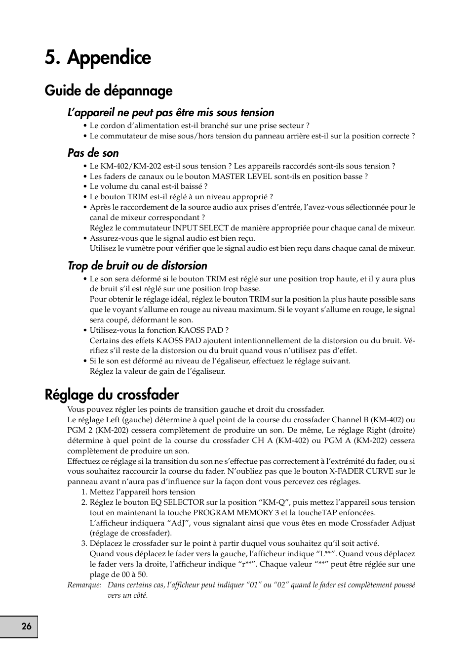 Appendice, Guide de dépannage, Réglage du crossfader | Guide de dépannage réglage du crossfader | KORG KM-202 User Manual | Page 26 / 46