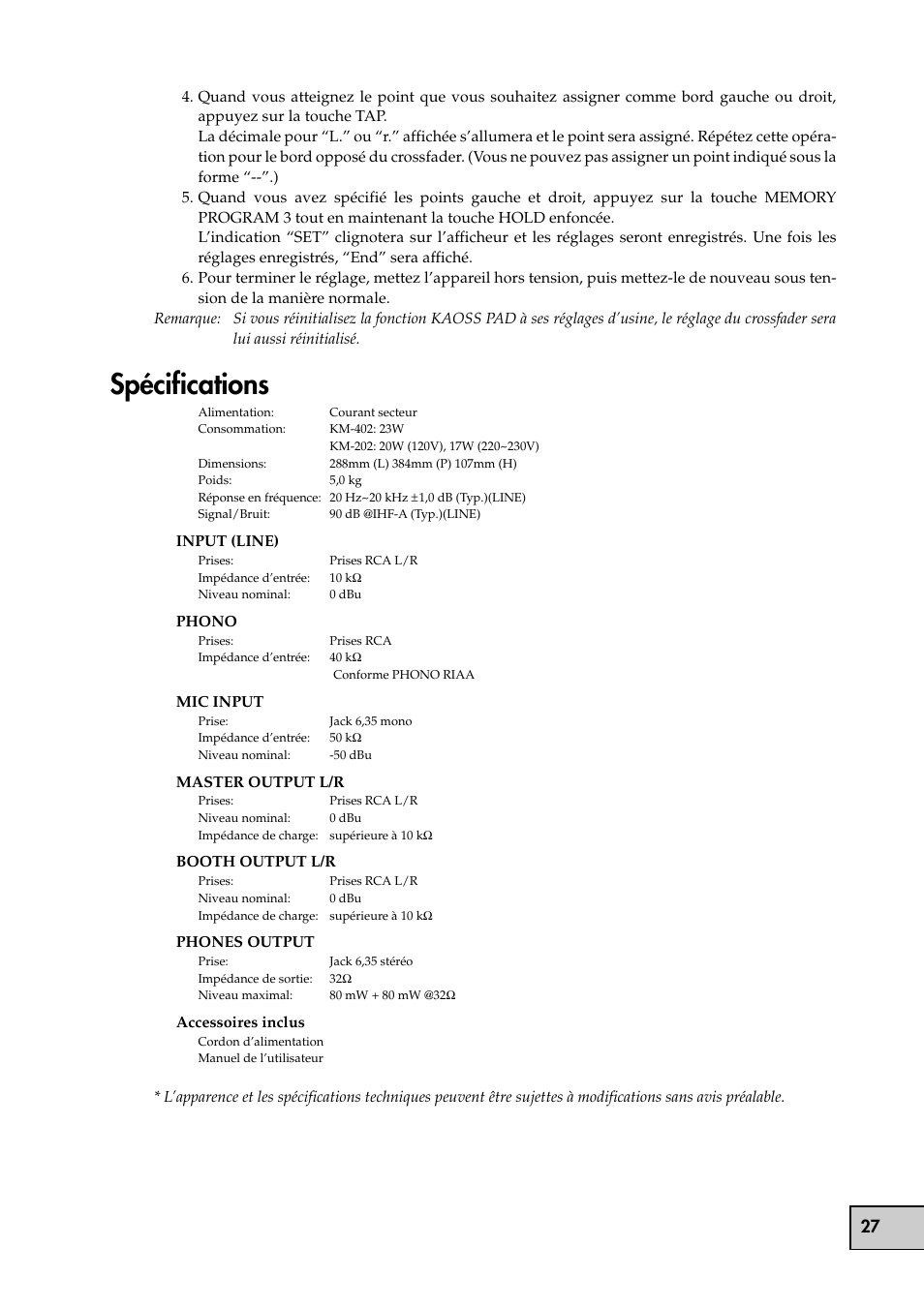 Spécifications | KORG KM-202 User Manual | Page 27 / 46