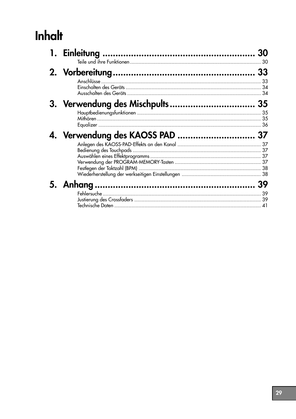 Inhalt, Einleitung, Vorbereitung | Verwendung des mischpults, Verwendung des kaoss pad, Anhang | KORG KM-202 User Manual | Page 29 / 46