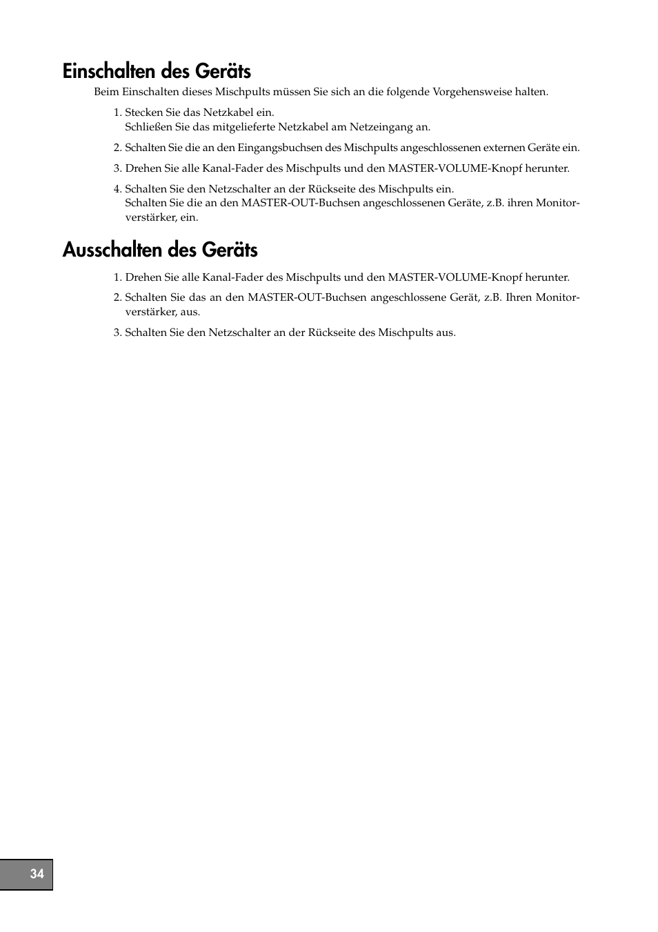 Einschalten des geräts, Ausschalten des geräts, Einschalten des geräts ausschalten des geräts | KORG KM-202 User Manual | Page 34 / 46
