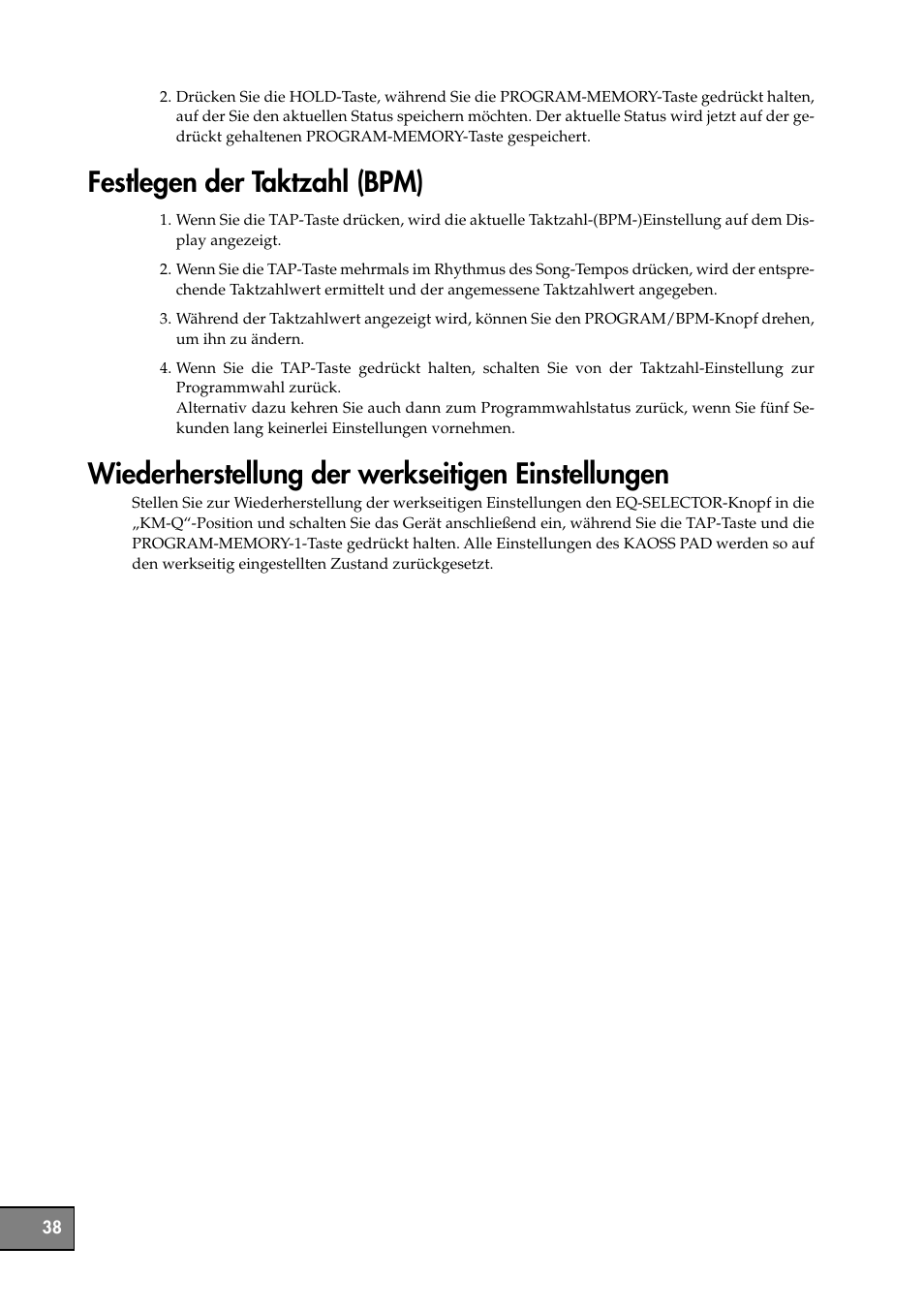 Festlegen der taktzahl (bpm), Wiederherstellung der werkseitigen einstellungen, Anhang | KORG KM-202 User Manual | Page 38 / 46