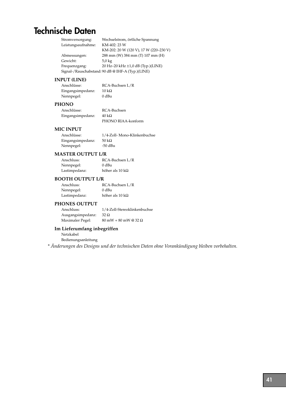 Technische daten | KORG KM-202 User Manual | Page 41 / 46