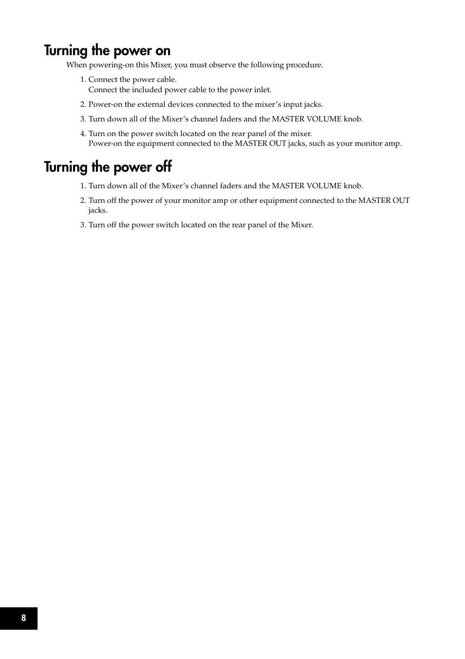 Turning the power on, Turning the power off, Turning the power on turning the power off | KORG KM-202 User Manual | Page 8 / 46