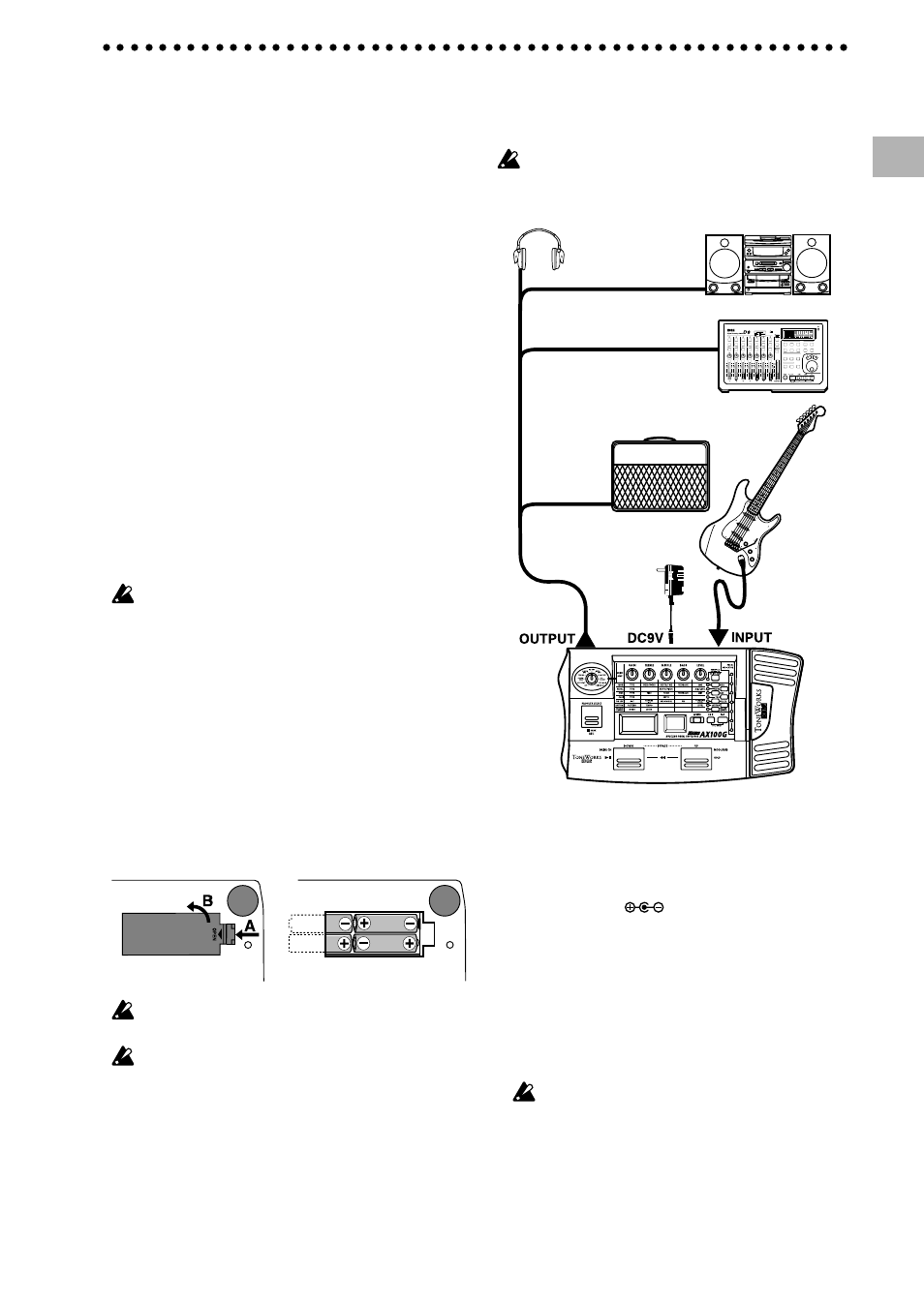 The modes of the ax100g, Installing the batteries, Playing the ax100g | Example connections, Turn on the power, Program mode, Input level switch setting | KORG MODELING SIGNAL PROCESSOR AX100G User Manual | Page 5 / 18