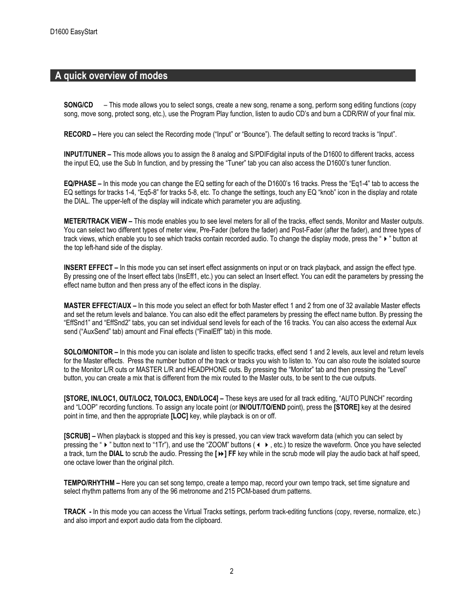 A quick overview of modes | KORG EASY START D1600 User Manual | Page 2 / 5