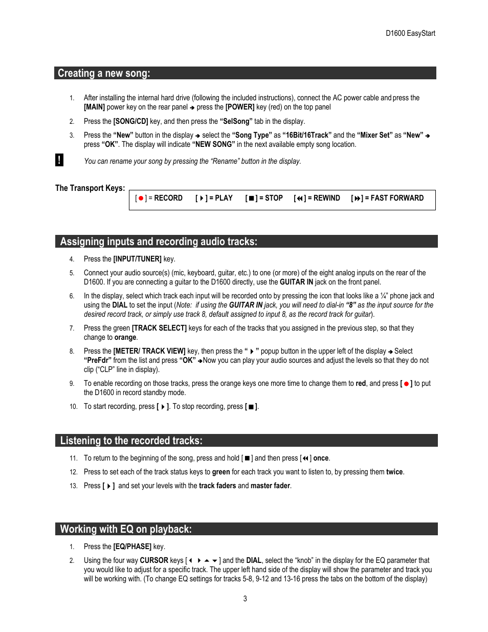 Creating a new song, Assigning inputs and recording audio tracks, Listening to the recorded tracks | Working with eq on playback | KORG EASY START D1600 User Manual | Page 3 / 5