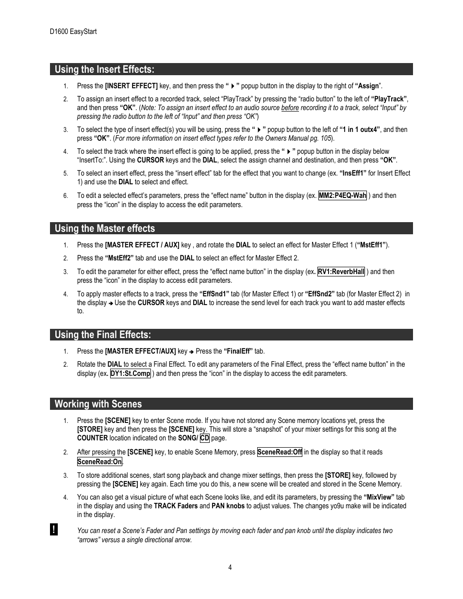 Using the insert effects, Using the master effects, Using the final effects | Working with scenes | KORG EASY START D1600 User Manual | Page 4 / 5