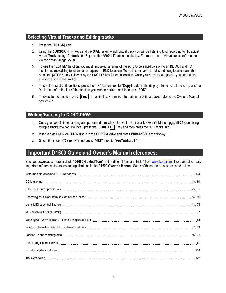 Selecting virtual tracks and editing tracks, Writing/burning to cdr/cdrw | KORG EASY START D1600 User Manual | Page 5 / 5