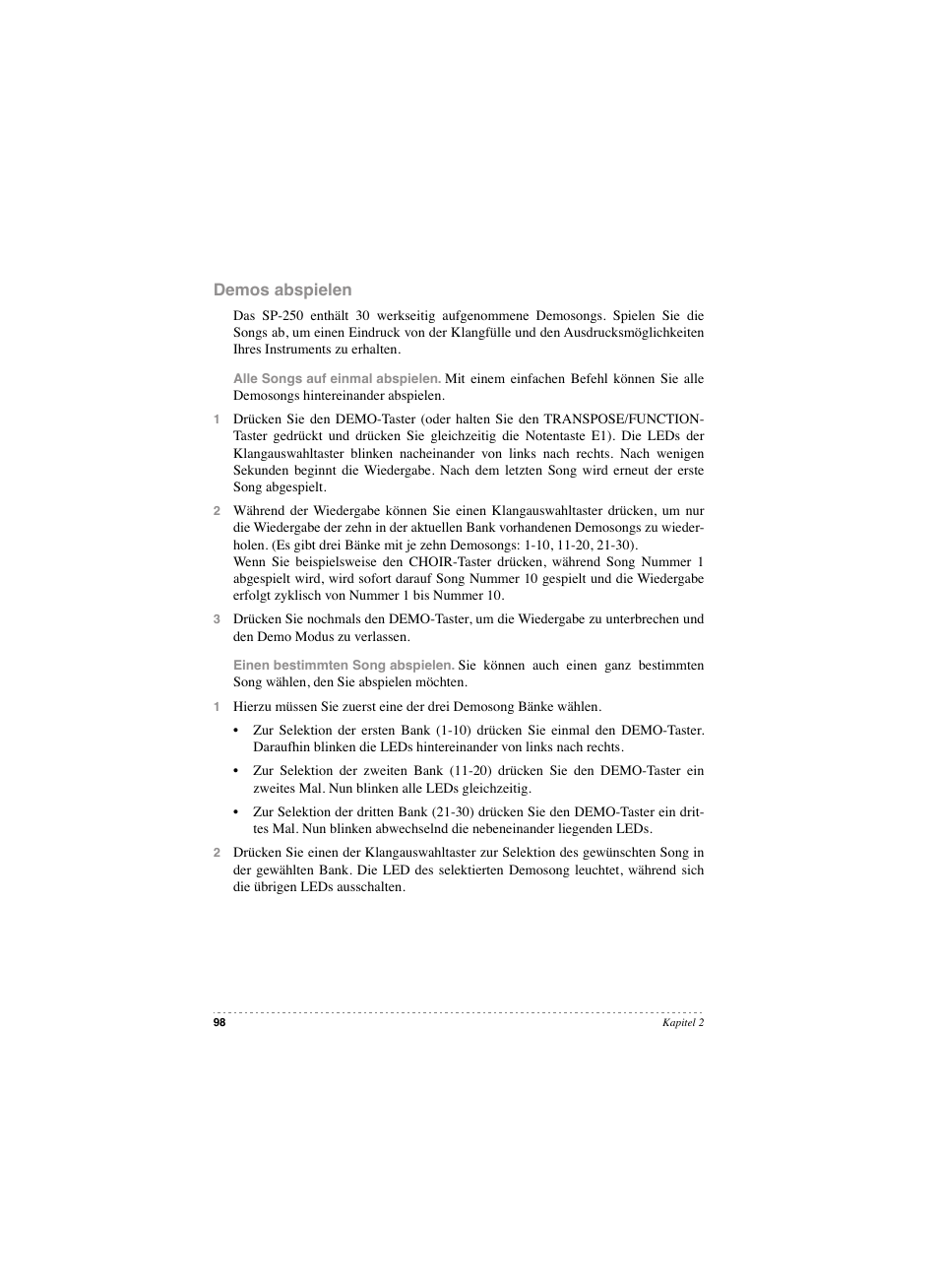 Demos abspielen | KORG SP 250 User Manual | Page 100 / 184