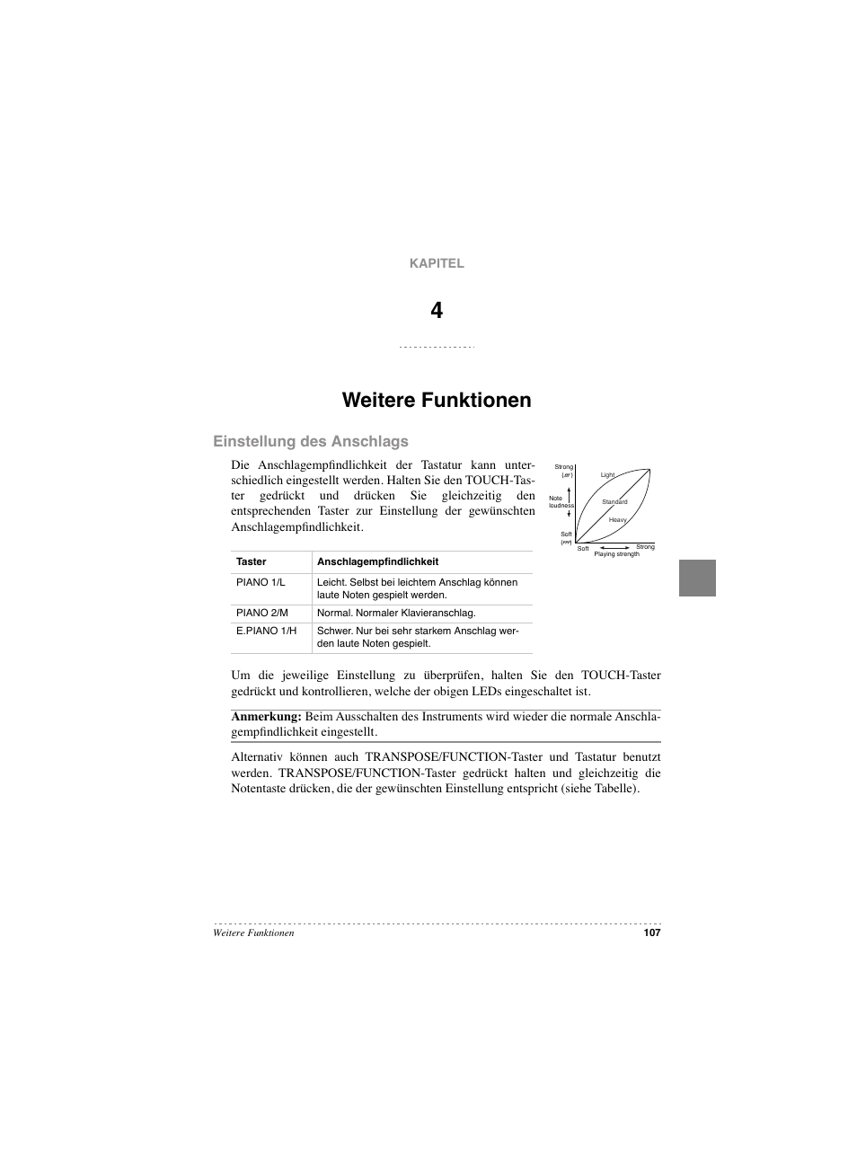 Weitere funktionen, Einstellung des anschlags, Weitere funktionen einstellung des anschlags | KORG SP 250 User Manual | Page 109 / 184