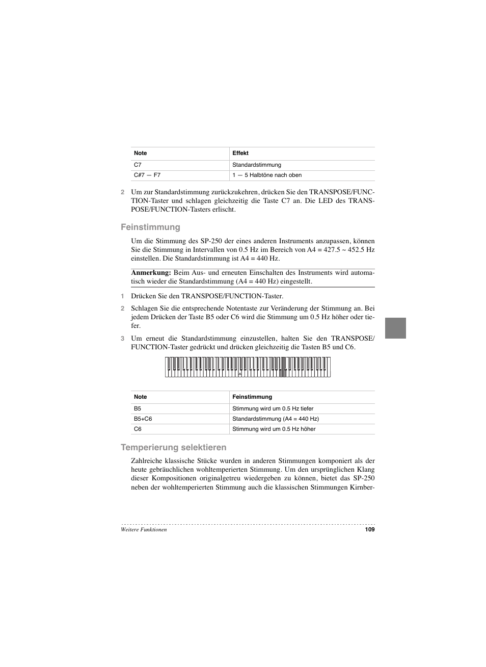 Feinstimmung, Temperierung selektieren, Feinstimmung temperierung selektieren | KORG SP 250 User Manual | Page 111 / 184