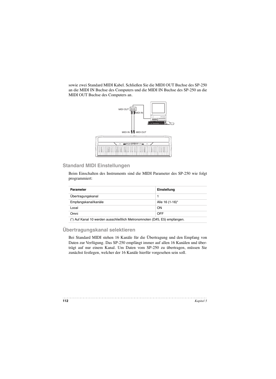 Standard midi einstellungen, Übertragungskanal selektieren | KORG SP 250 User Manual | Page 114 / 184