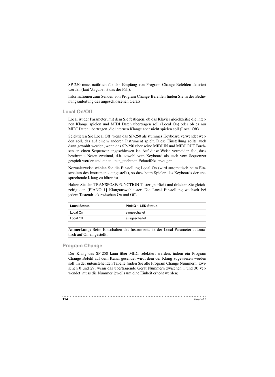 Local on/off, Program change, Local on/off program change | KORG SP 250 User Manual | Page 116 / 184
