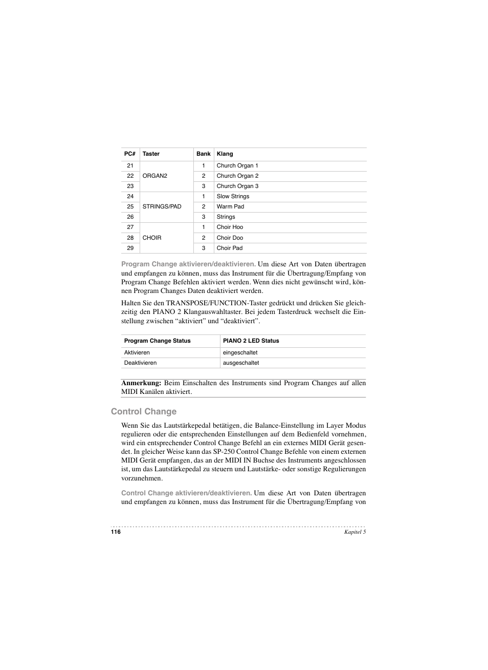 Control change | KORG SP 250 User Manual | Page 118 / 184