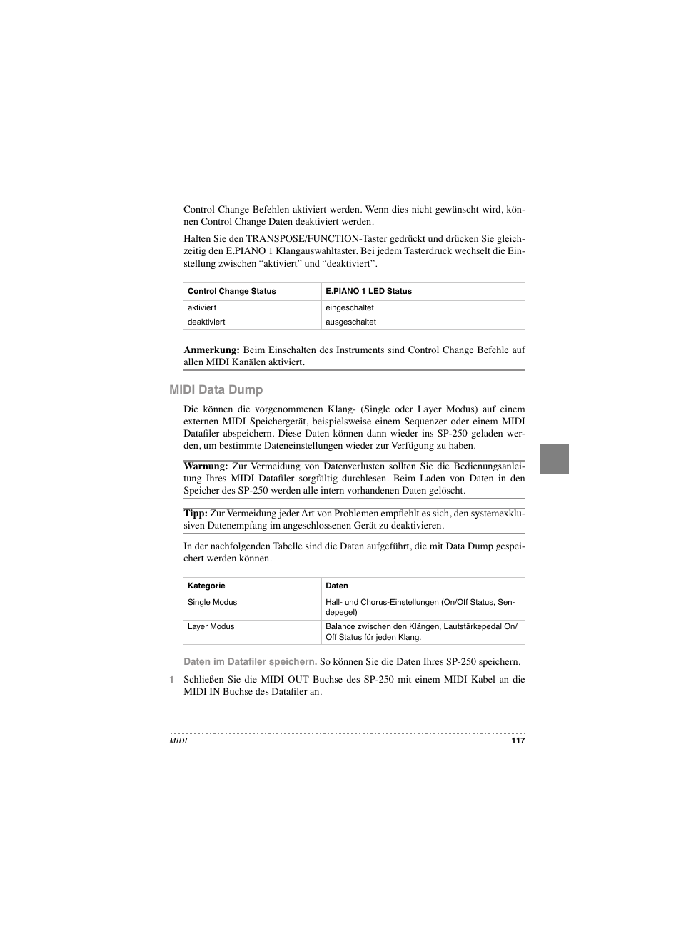 Midi data dump | KORG SP 250 User Manual | Page 119 / 184