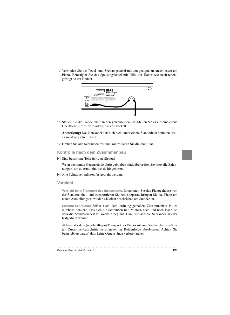 Kontrolle nach dem zusammenbau, Vorsicht, Kontrolle nach dem zusammenbau vorsicht | KORG SP 250 User Manual | Page 127 / 184