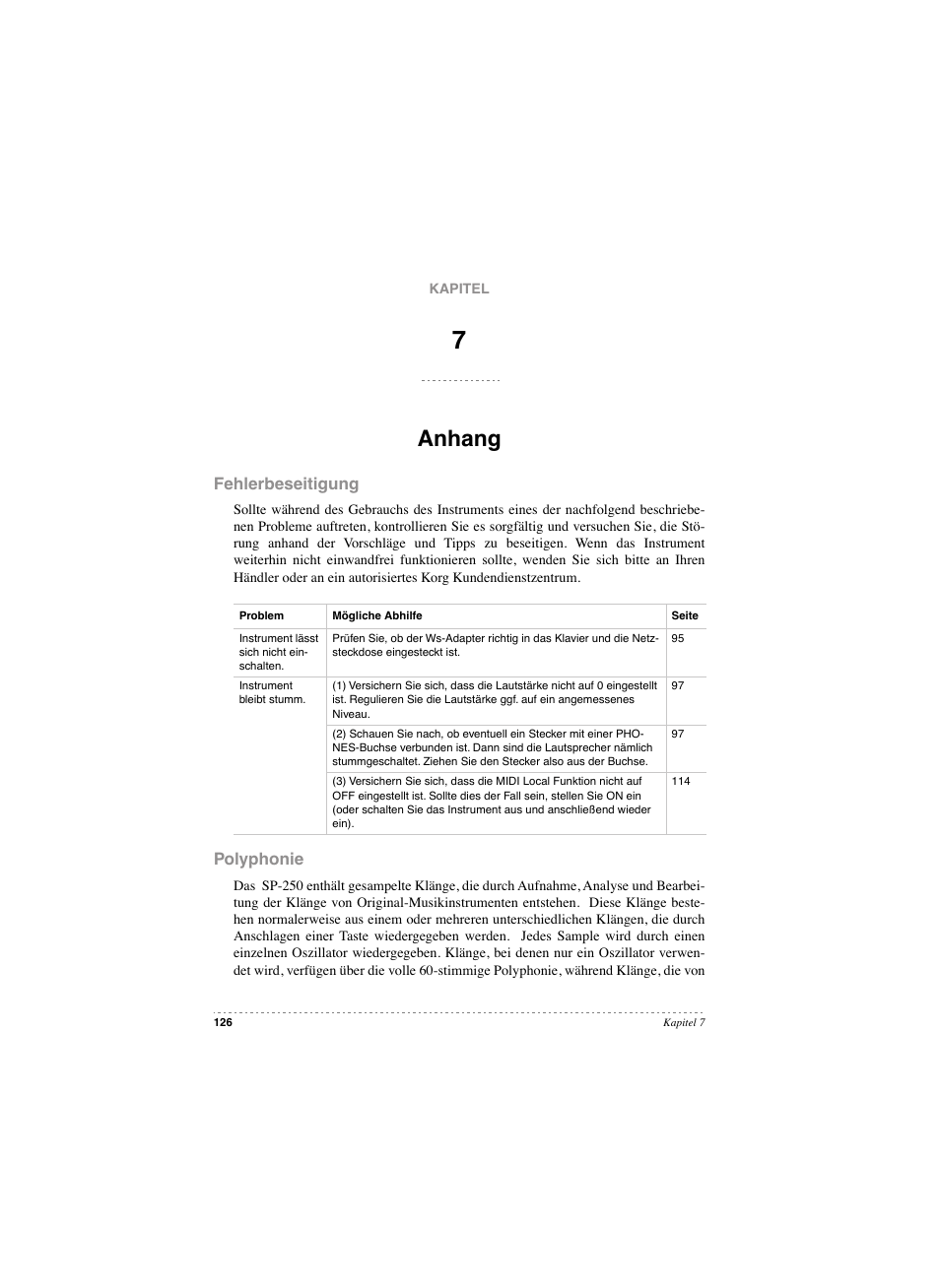 Anhang, Fehlerbeseitigung, Polyphonie | Anhang fehlerbeseitigung polyphonie | KORG SP 250 User Manual | Page 128 / 184