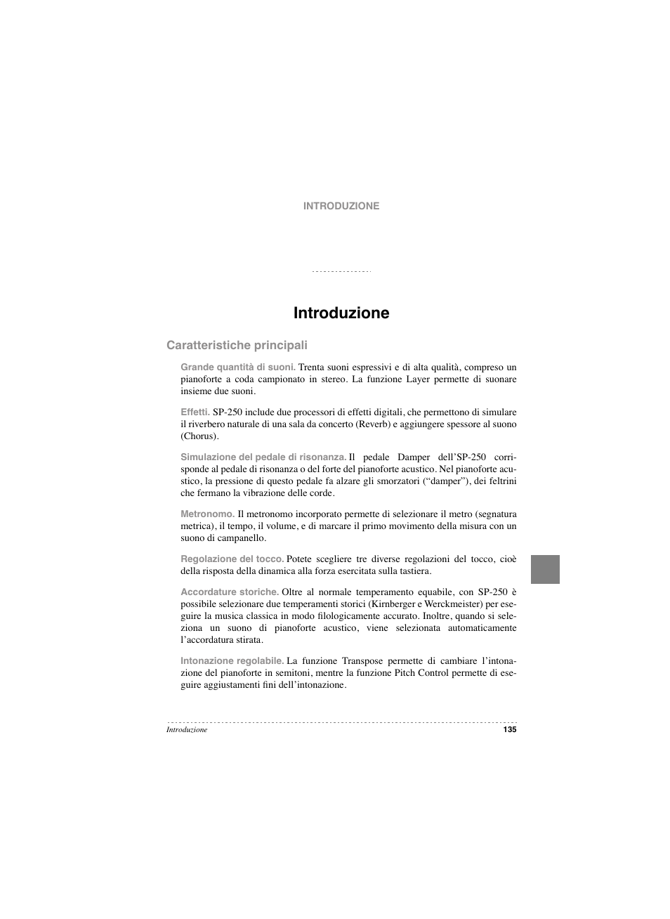 Introduzione, Caratteristiche principali, Introduzione caratteristiche principali | KORG SP 250 User Manual | Page 137 / 184