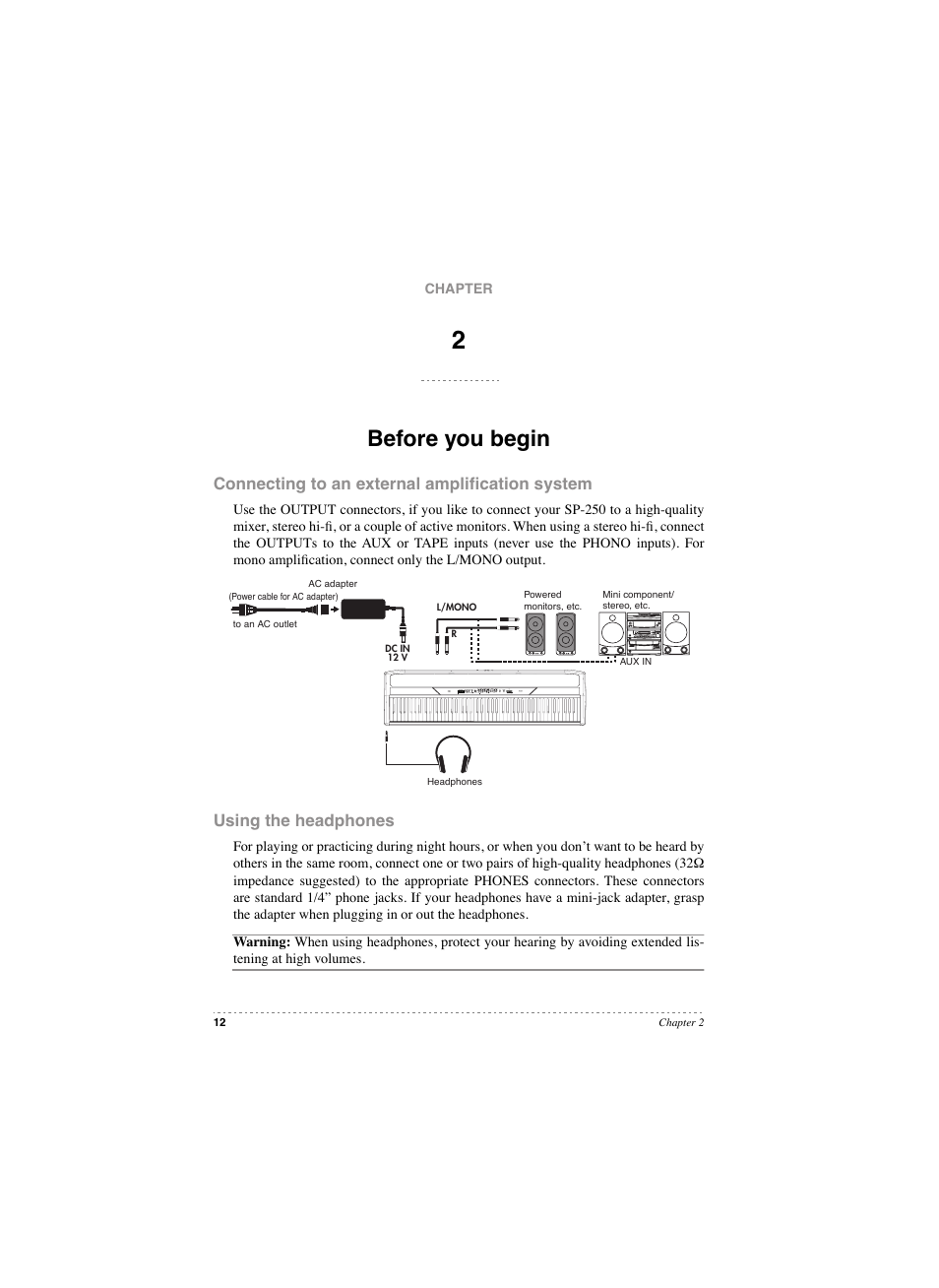 Before you begin, Connecting to an external amplification system, Using the headphones | KORG SP 250 User Manual | Page 14 / 184