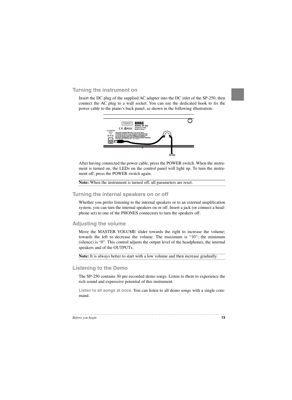 Turning the instrument on, Turning the internal speakers on or off, Adjusting the volume | Listening to the demo | KORG SP 250 User Manual | Page 15 / 184