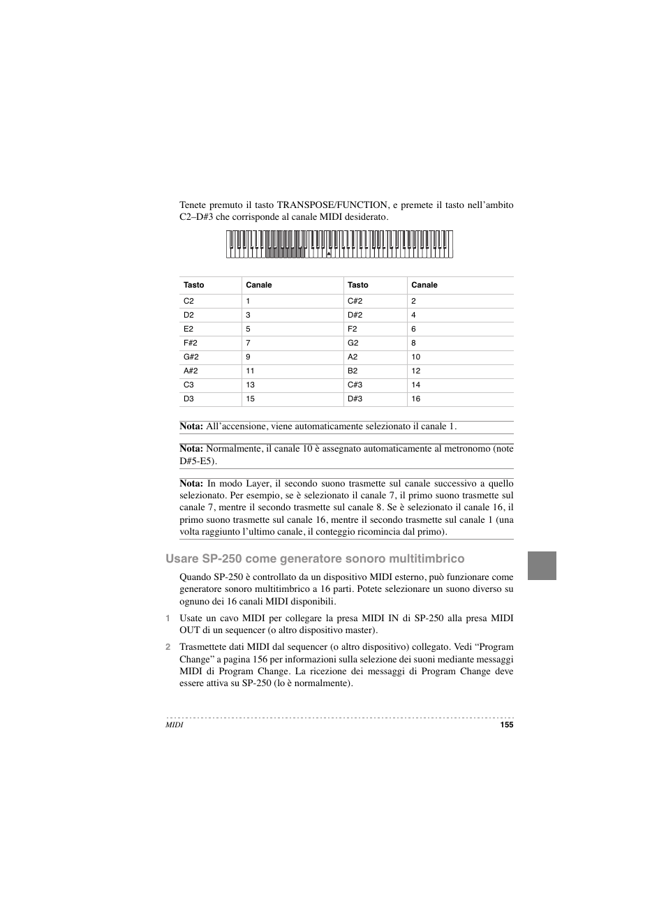 Usare sp-250 come generatore sonoro multitimbrico | KORG SP 250 User Manual | Page 157 / 184