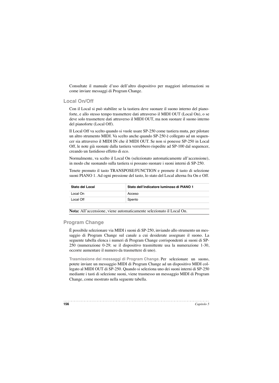 Local on/off, Program change, Local on/off program change | KORG SP 250 User Manual | Page 158 / 184