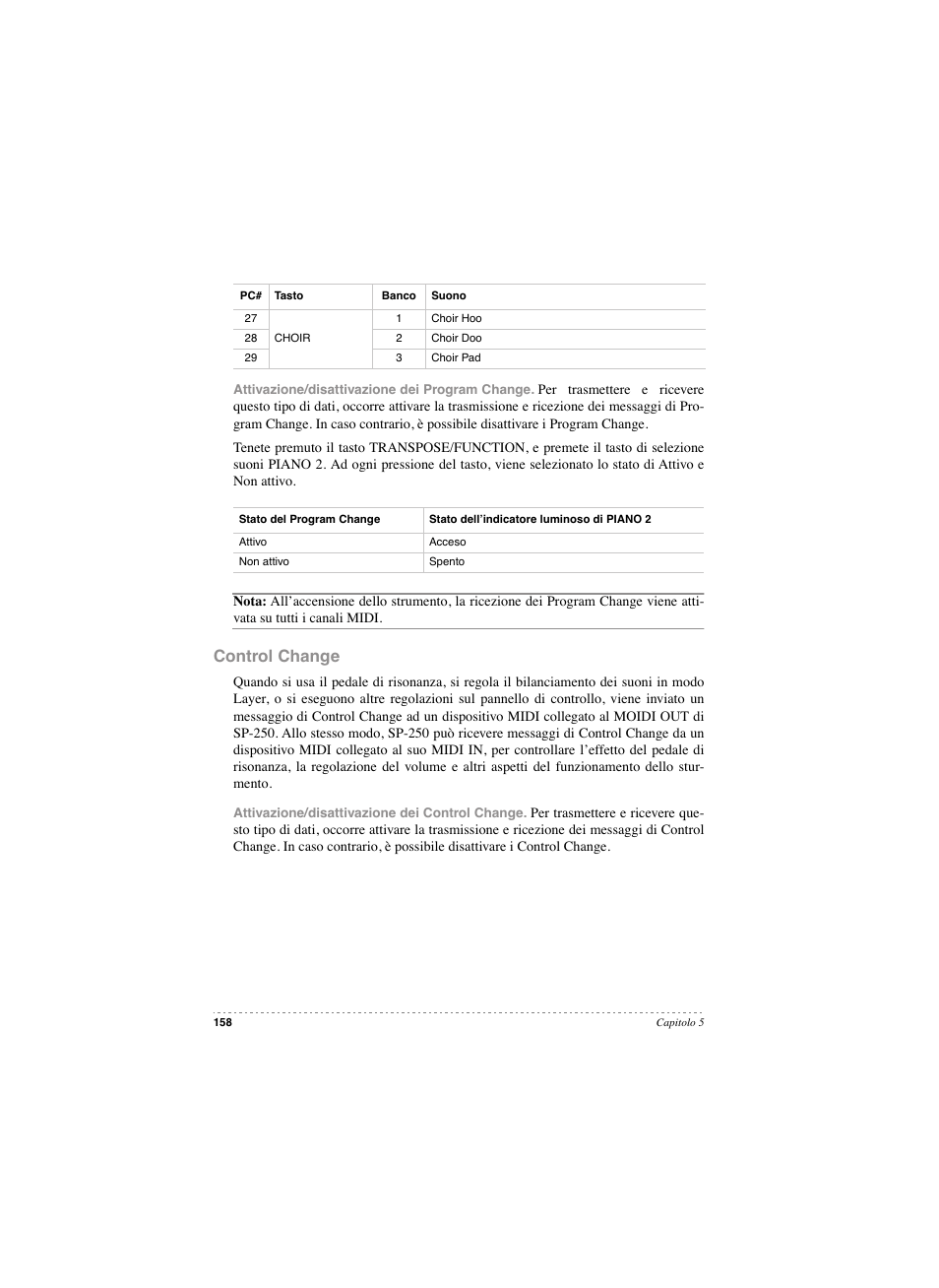 Control change | KORG SP 250 User Manual | Page 160 / 184