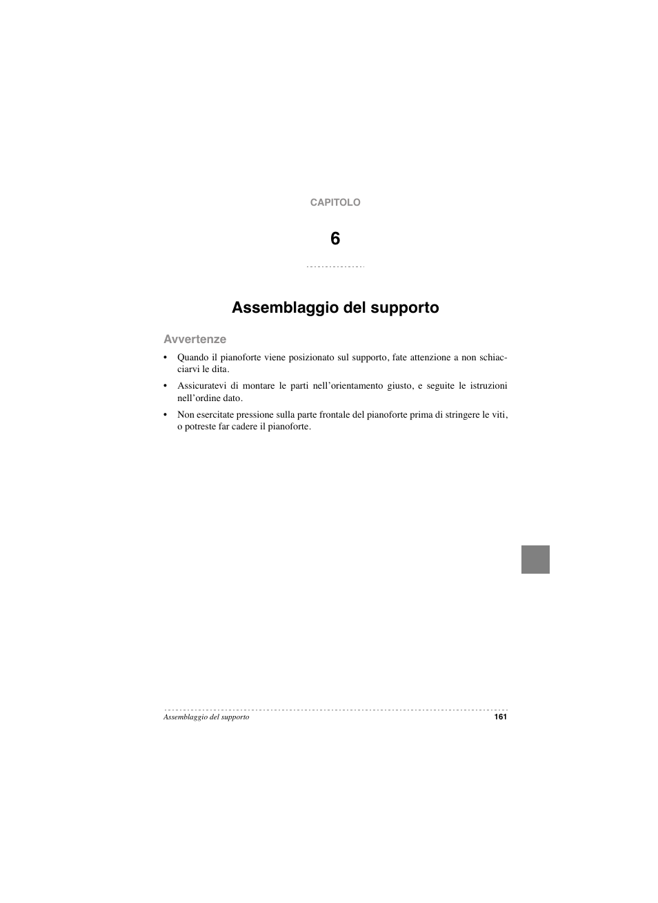 Assemblaggio del supporto, Avvertenze, Assemblaggio del supporto avvertenze | KORG SP 250 User Manual | Page 163 / 184