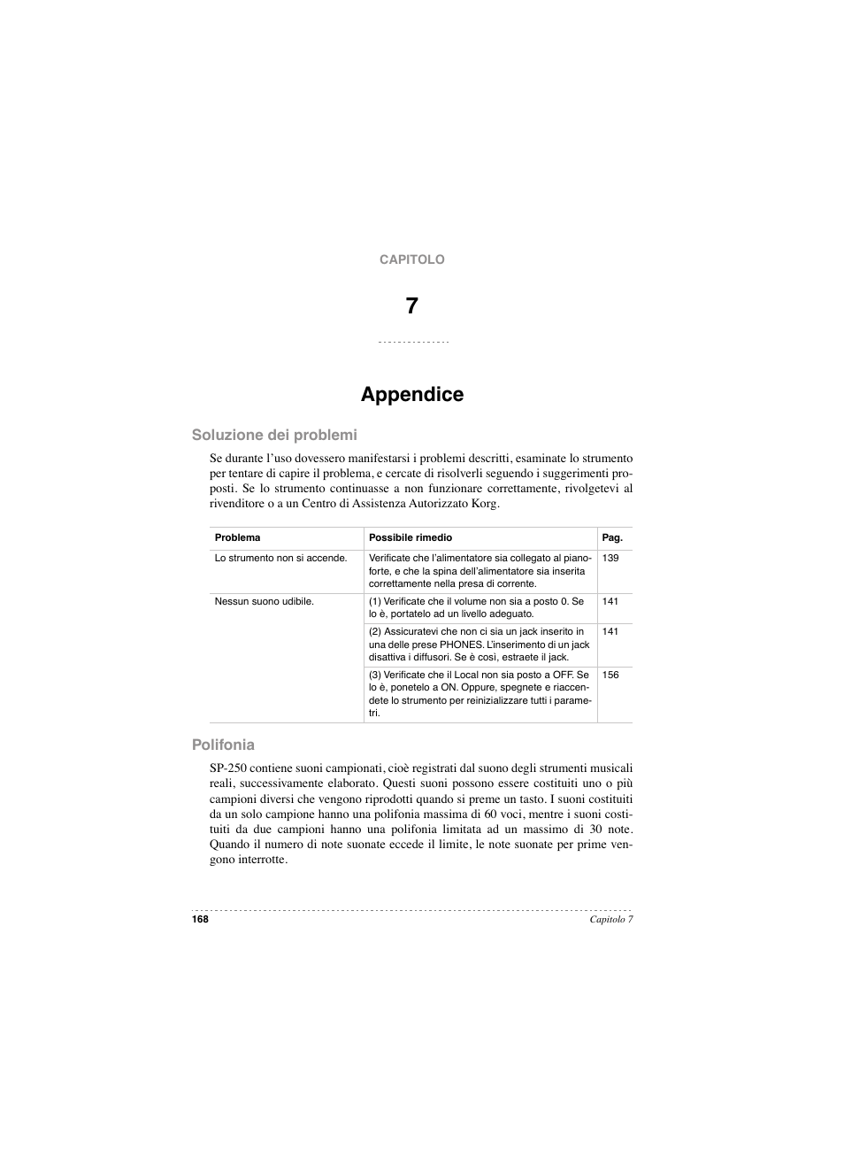 Appendice, Soluzione dei problemi, Polifonia | Appendice soluzione dei problemi polifonia | KORG SP 250 User Manual | Page 170 / 184