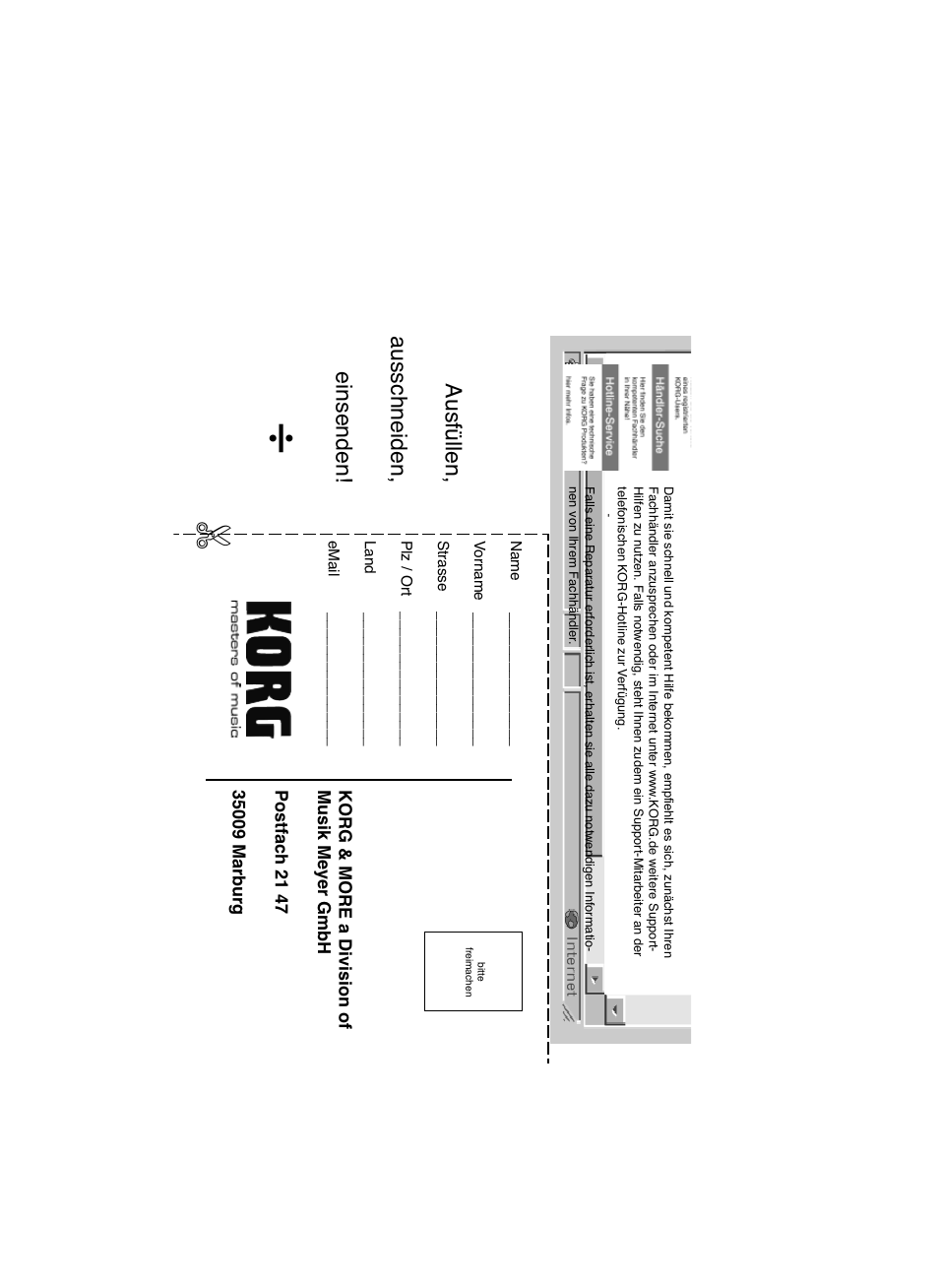 Ausfüllen, ausschneiden, einsenden | KORG SP 250 User Manual | Page 178 / 184