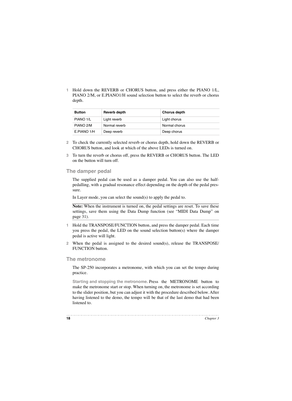 The damper pedal, The metronome, The damper pedal the metronome | KORG SP 250 User Manual | Page 20 / 184