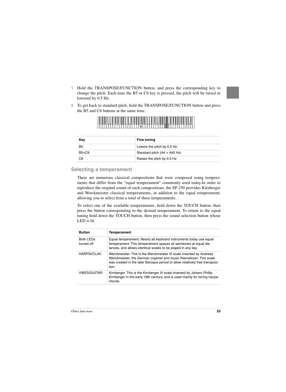 Selecting a temperament | KORG SP 250 User Manual | Page 25 / 184