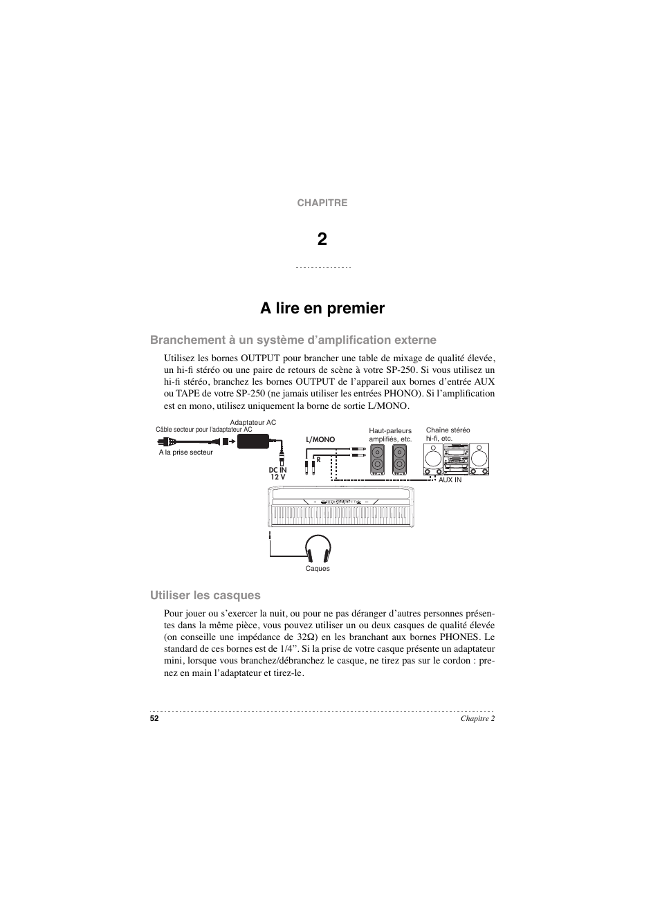 A lire en premier, Branchement à un système d’amplification externe, Utiliser les casques | Branchement à un système d’ampliﬁcation externe | KORG SP 250 User Manual | Page 54 / 184